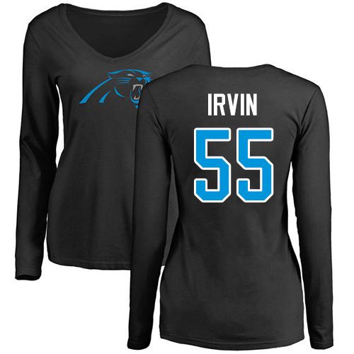 Carolina Panthers Black Women Bruce Irvin Name and Number Logo Slim Fit NFL Football #55 Long Sleeve T Shirt->nfl t-shirts->Sports Accessory